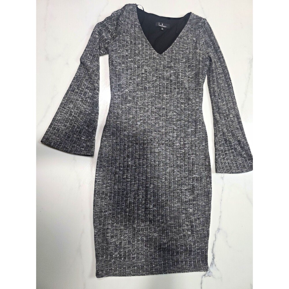 Lulus Women's Gray Ribbed Knit V-Neck Bodycon Long Sleeve Sheath Sweater Dress M